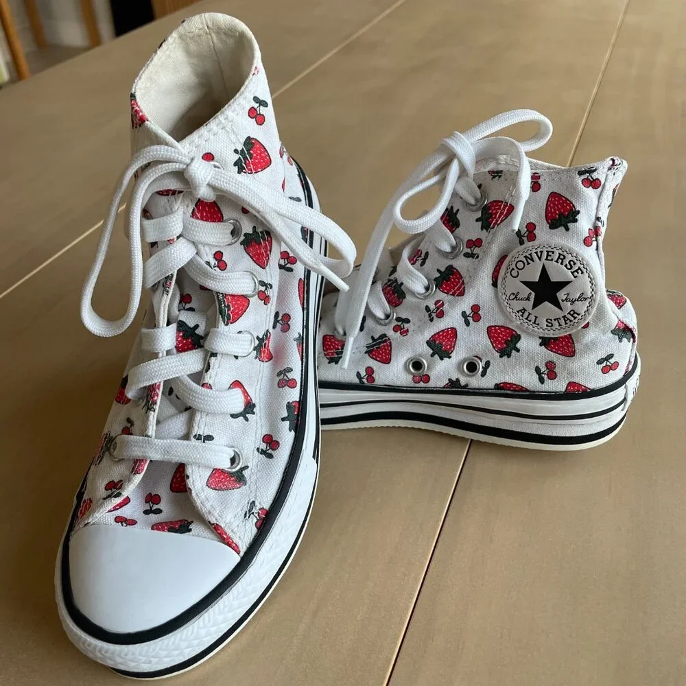 Converse Chuck Taylor All Star Lift Hi Sneakers, White & Red Strawberry - Sz 13